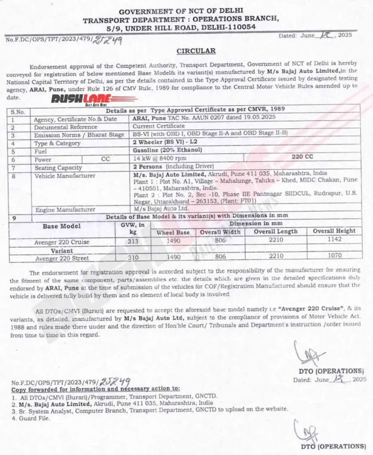 Bajaj Avenger 220 Street To Launch in India: Features, Date, Price 2 Avenger 220 Street Leaked Homologation Document