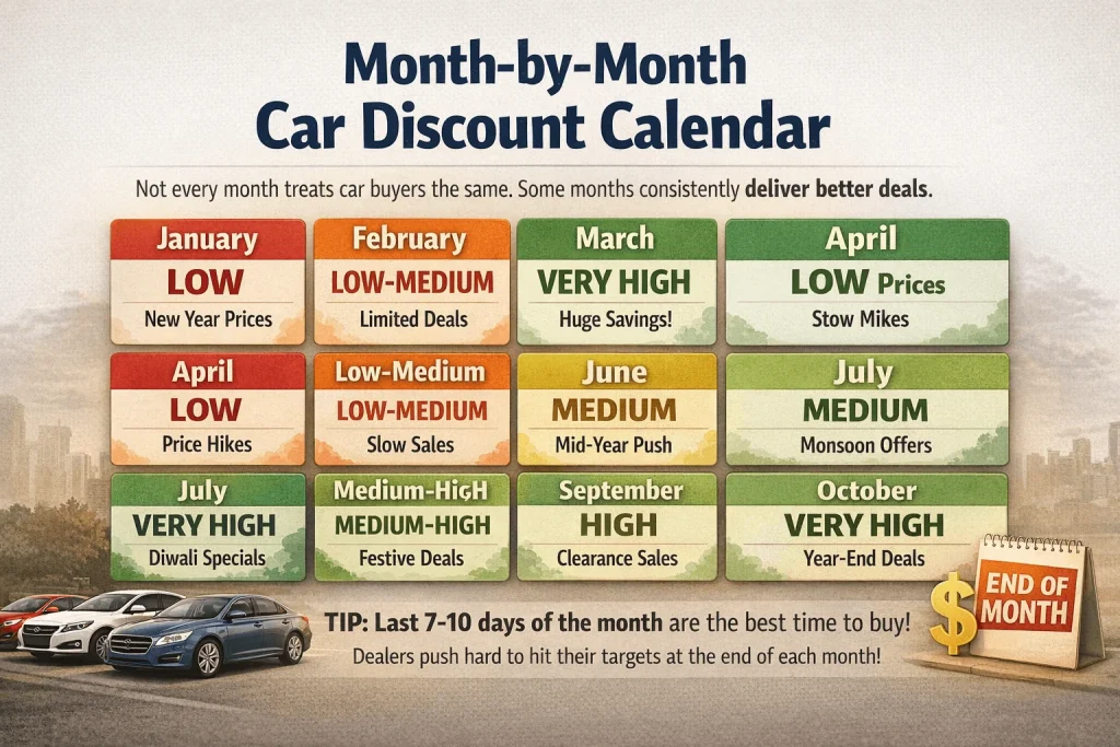 Car discounts in India follow predictable seasonal patterns. March and December consistently deliver the best cash deals, while Diwali brings the best bundled offers.