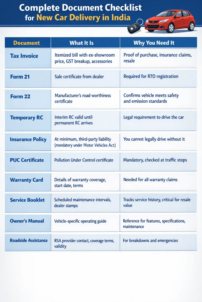 new car delivery documents checklist india