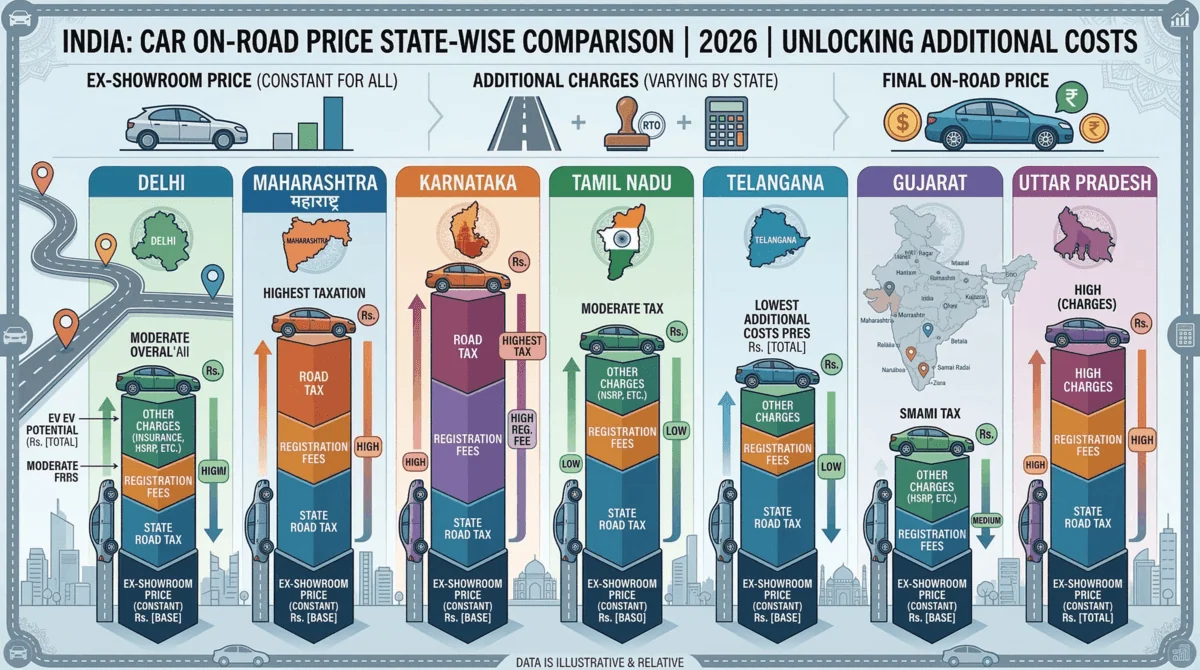 on-road price comparison by state India 2026 road tax