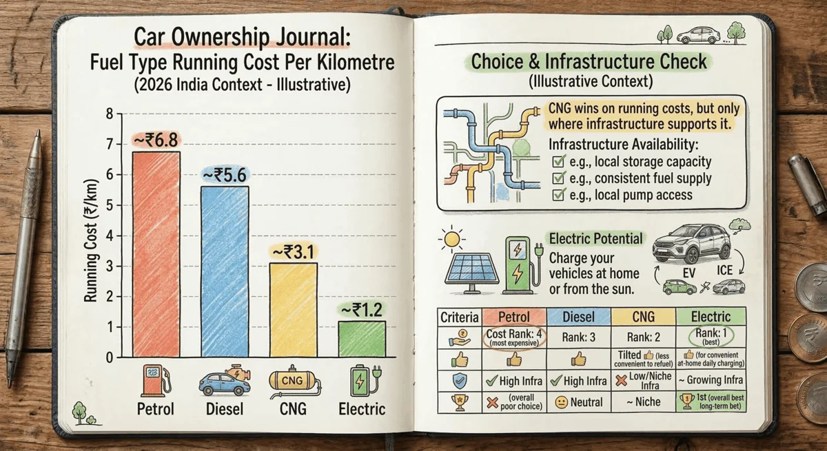 petrol vs diesel vs CNG running cost comparison India 2026