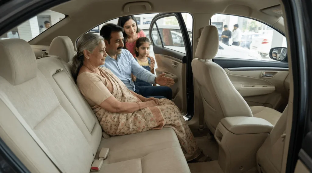 Family checking rear seat comfort and space during car test drive in India