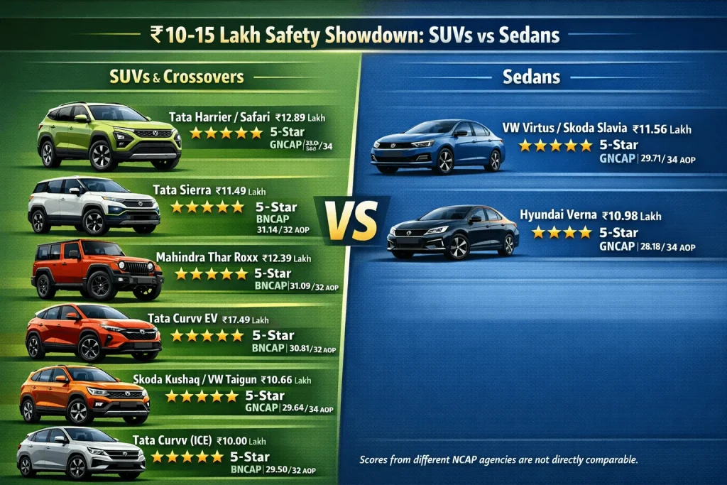 safest cars under 15 lakhs india 2026 comparison