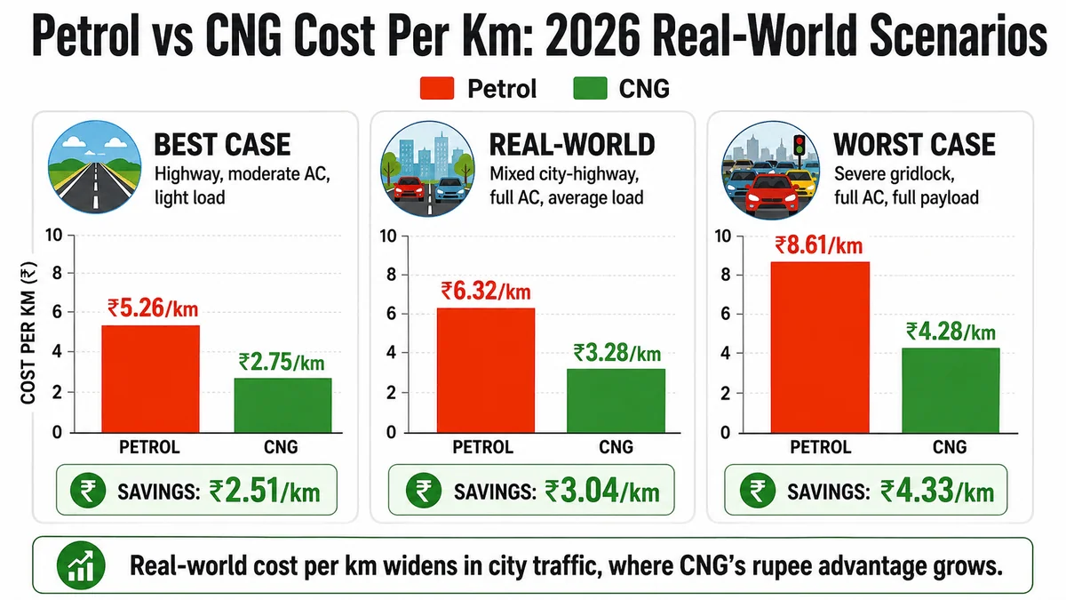 cng vs petrol cost per km scenarios