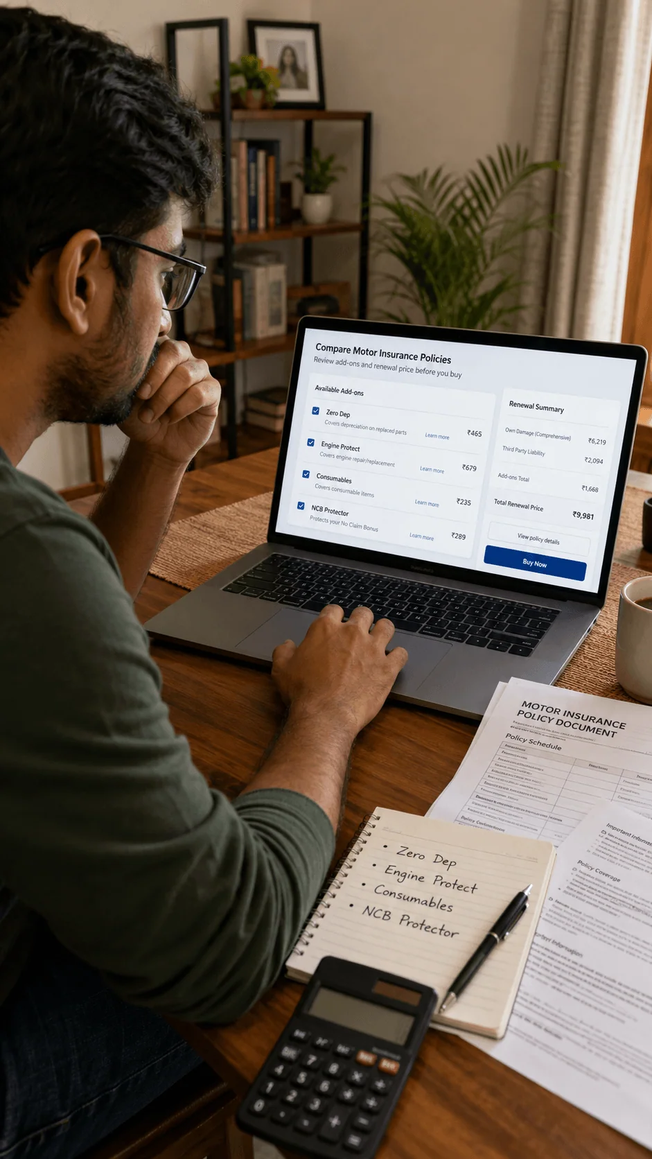 indian car owner comparing zero dep insurance online motomotar.com