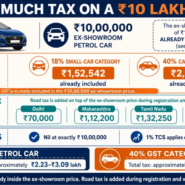 New Car Prices in India: On-Road Price, Mileage & Specs (2026) 2 How much tax on a 10 lakh car?
